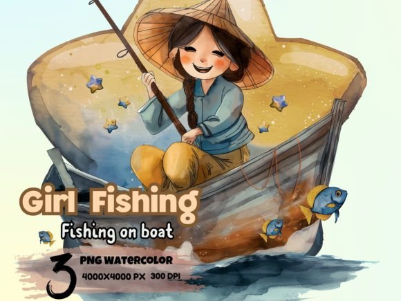 Download Watercolor Girl Fishing on Boat Clipart - Art Collection
