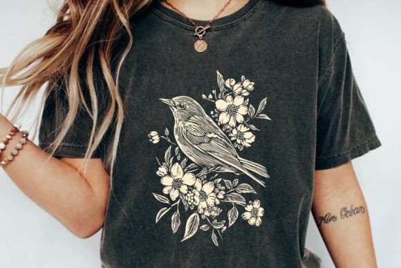 Download Linocut Songbird Floral Sketch Png - Floral Collection