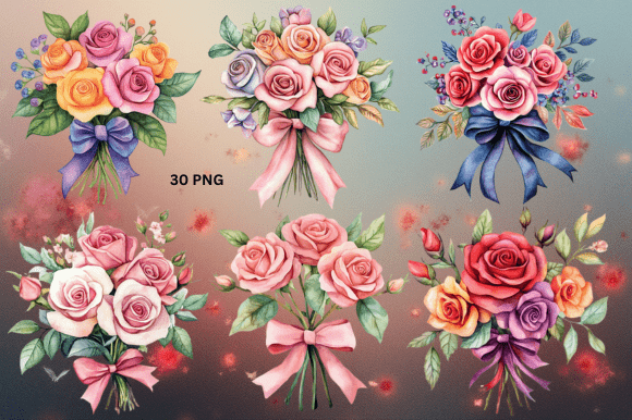 Download Ribbon Rose Bouquet Watercolor Clipart - Art Collection