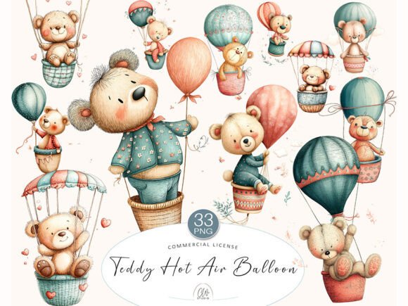 Download Teddy Bear Hot Air Balloon Clipart Set - Art Collection