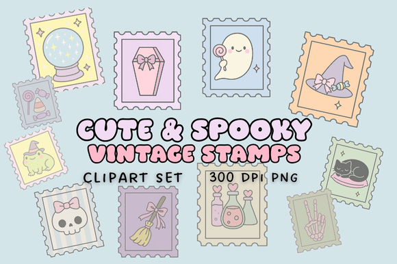 Download Cute &amp; Spooky Vintage Stamps Clipart Set - Art Collection
